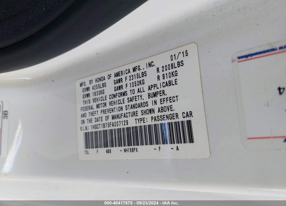 2015 HONDA ACCORD EX VIN: 1HGCT1B75FA007129