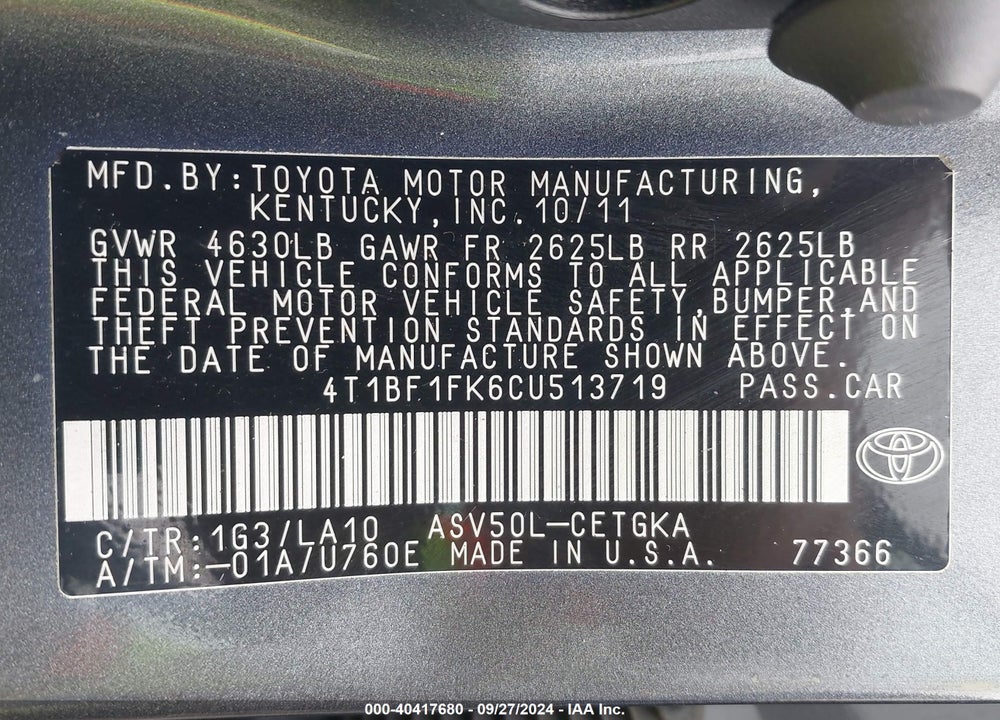2012 TOYOTA CAMRY XLE VIN: 4T1BF1FK6CU513719