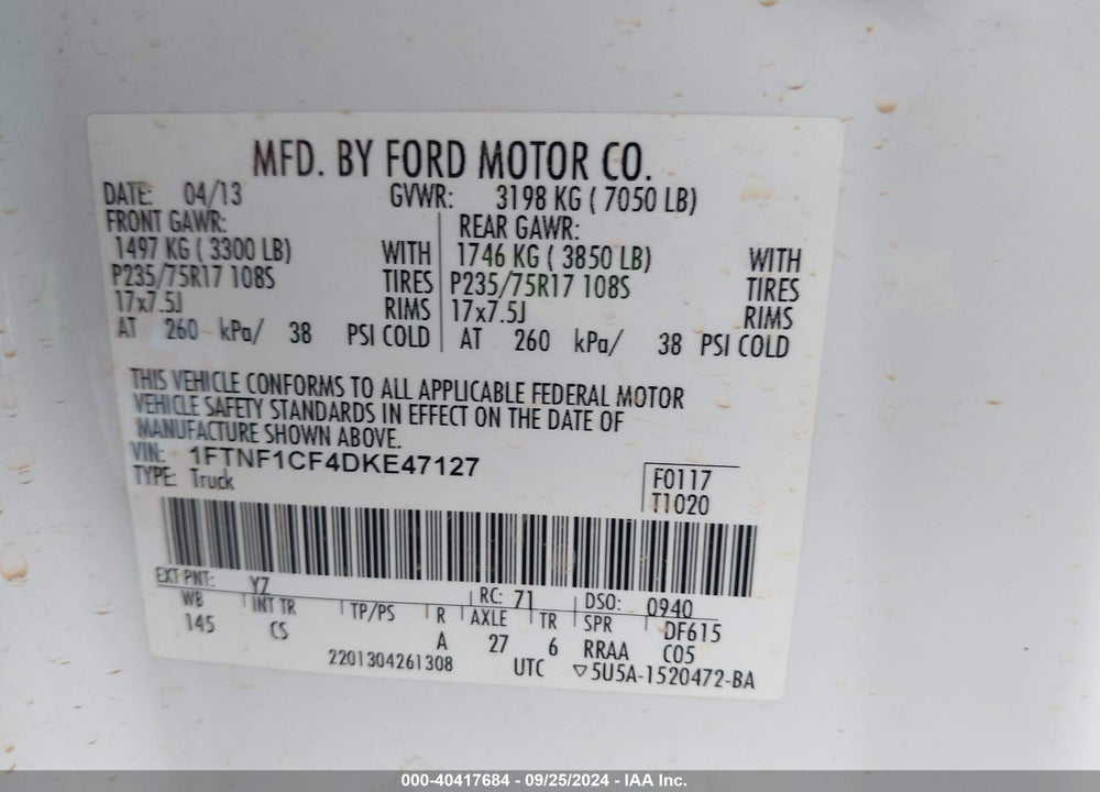 2013 FORD F-150 XL VIN: 1FTNF1CF4DKE47127
