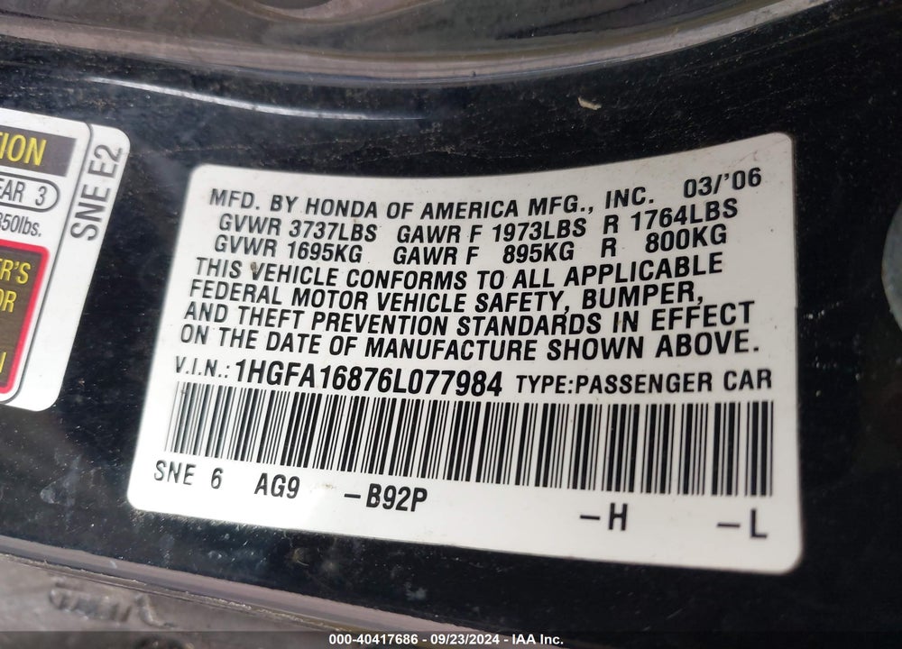 2006 HONDA CIVIC EX VIN: 1HGFA16876L077984