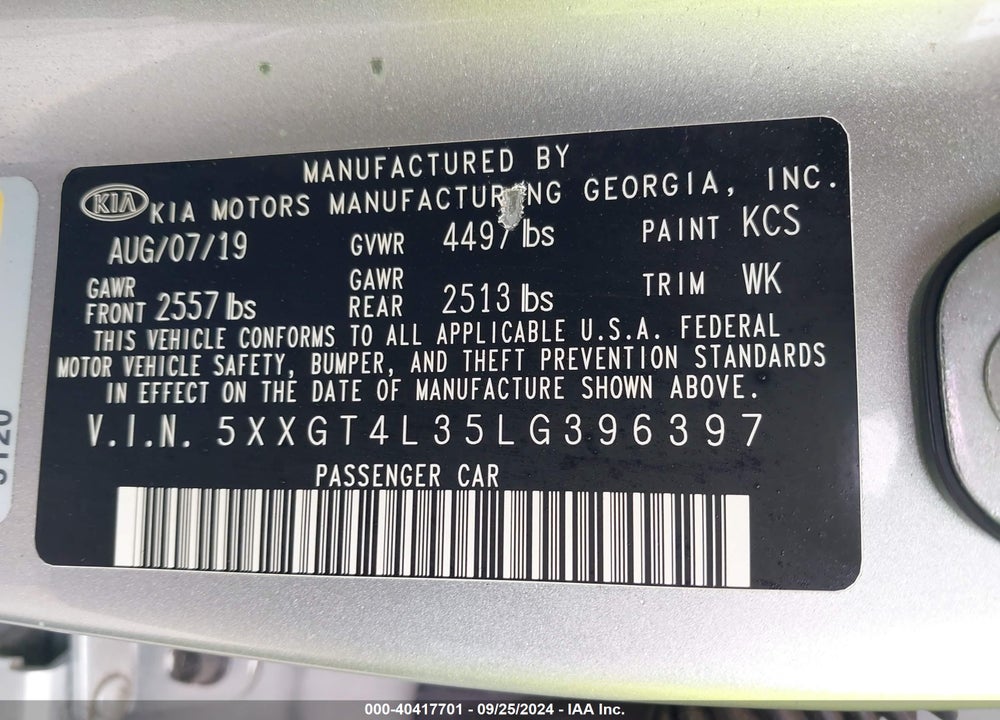 2020 KIA OPTIMA LX VIN: 5XXGT4L35LG396397