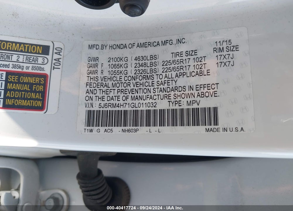 2016 HONDA CR-V EX-L VIN: 5J6RM4H71GL011032