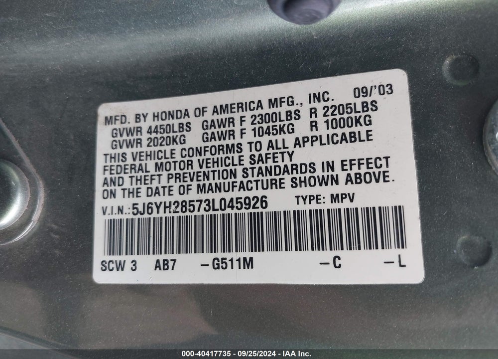 2003 HONDA ELEMENT EX VIN: 5J6YH28573L045926