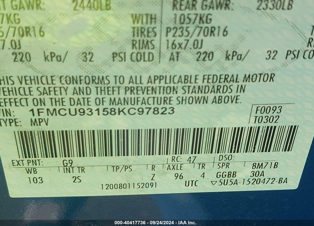 2008 FORD ESCAPE XLT VIN: 1FMCU93158KC97823