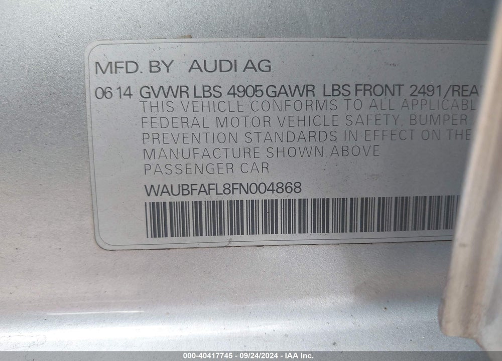 2015 AUDI A4 2.0T PREMIUM VIN: WAUBFAFL8FN004868