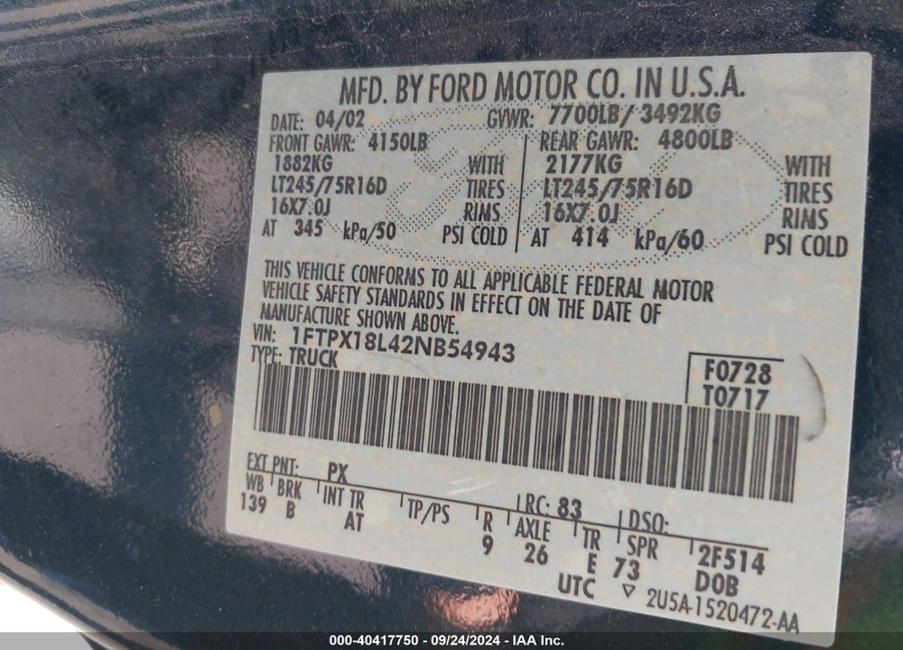 2002 FORD F-150 LARIAT/XL/XLT VIN: 1FTPX18L42NB54943