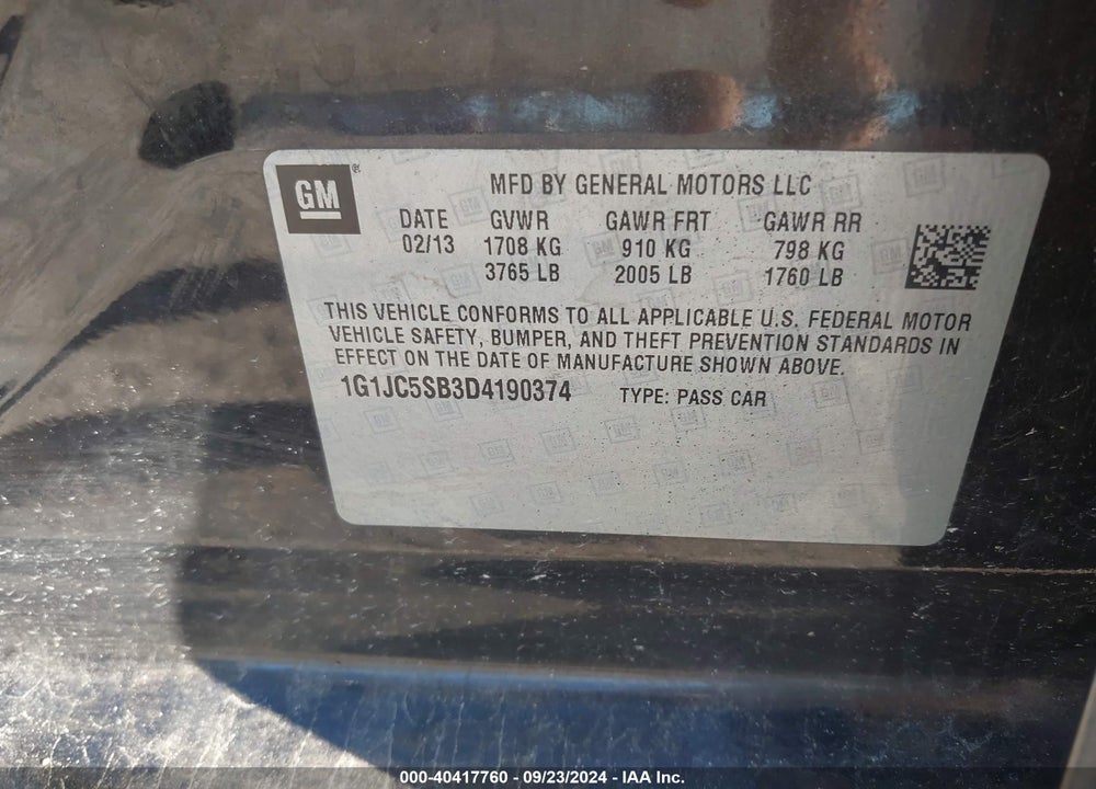 2013 CHEVROLET SONIC LT AUTO VIN: 1G1JC5SB3D4190374