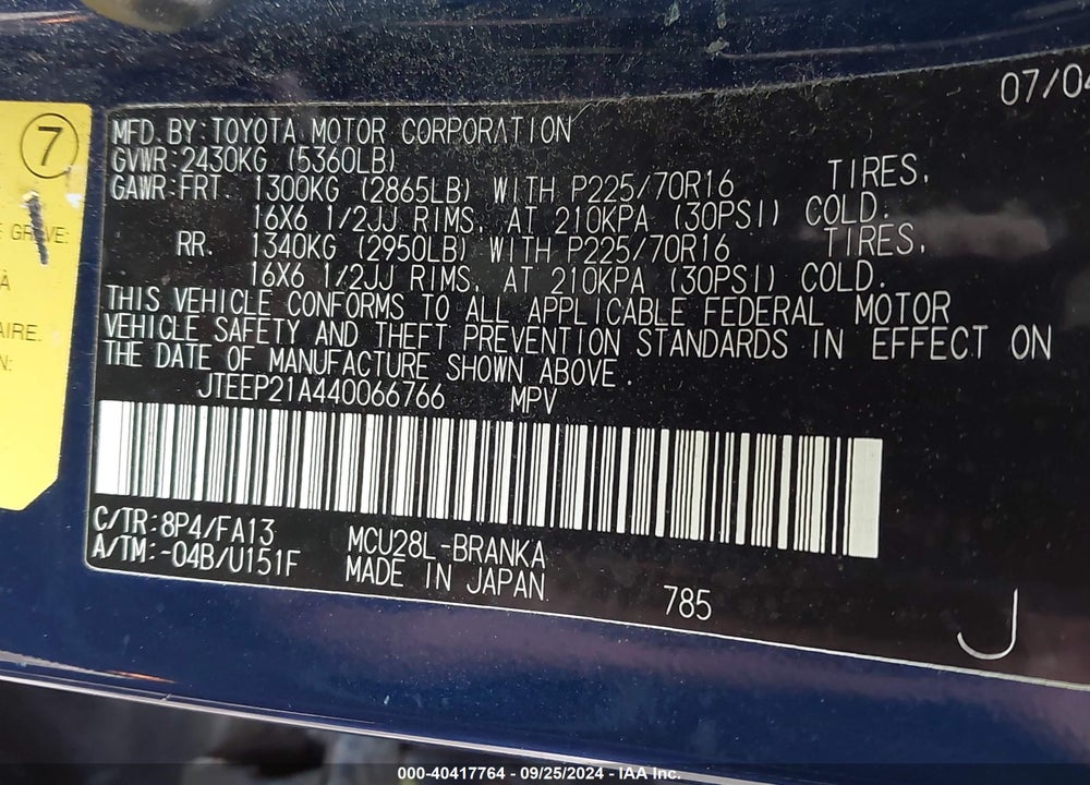 2004 TOYOTA HIGHLANDER V6 VIN: JTEEP21A440066766