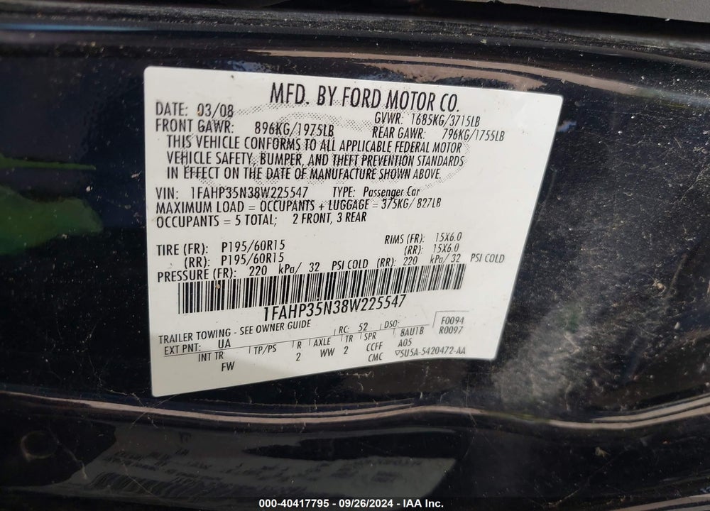 2008 FORD FOCUS SE/SES VIN: 1FAHP35N38W225547