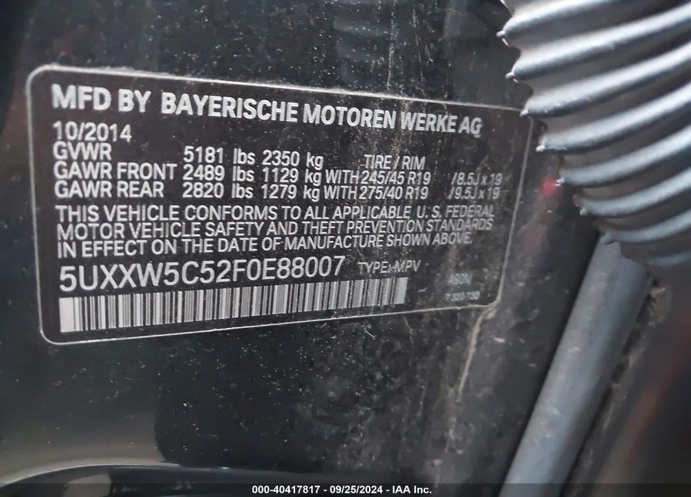 2015 BMW X4 XDRIVE35I VIN: 5UXXW5C52F0E88007