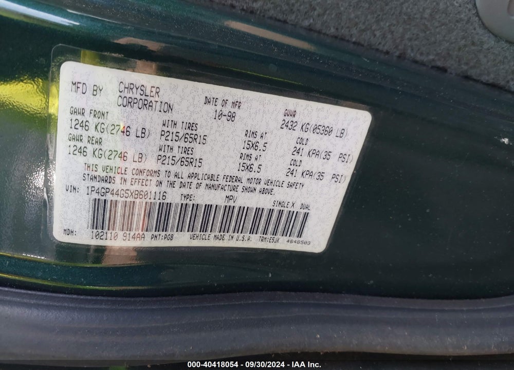 1999 PLYMOUTH GRAND VOYAGER SE VIN: 1P4GP44G5XB601116