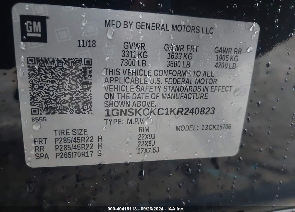 2019 CHEVROLET TAHOE PREMIER VIN: 1GNSKCKC1KR240823