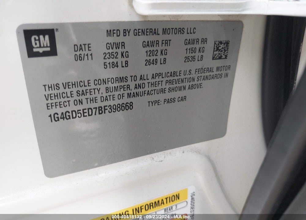 2011 BUICK LACROSSE CXL VIN: 1G4GD5ED7BF398668