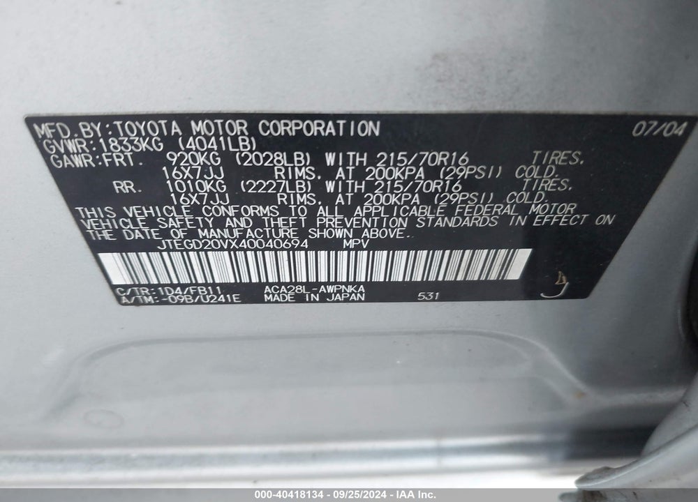 2004 TOYOTA RAV4 VIN: JTEGD20VX40040694