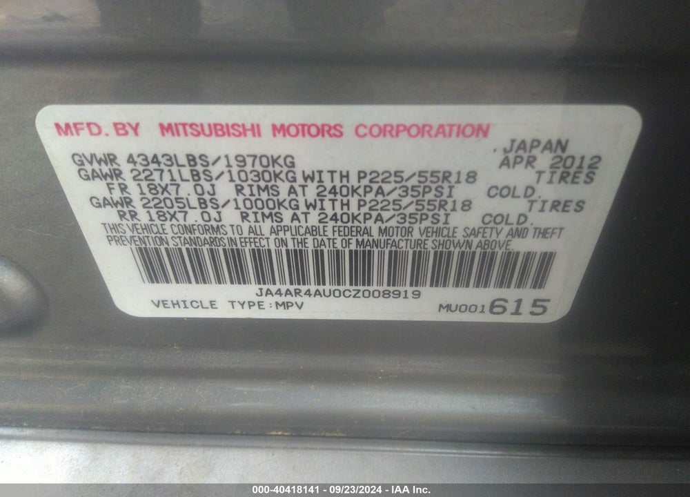 2012 MITSUBISHI OUTLANDER SPORT VIN: JA4AR4AU0CZ008919