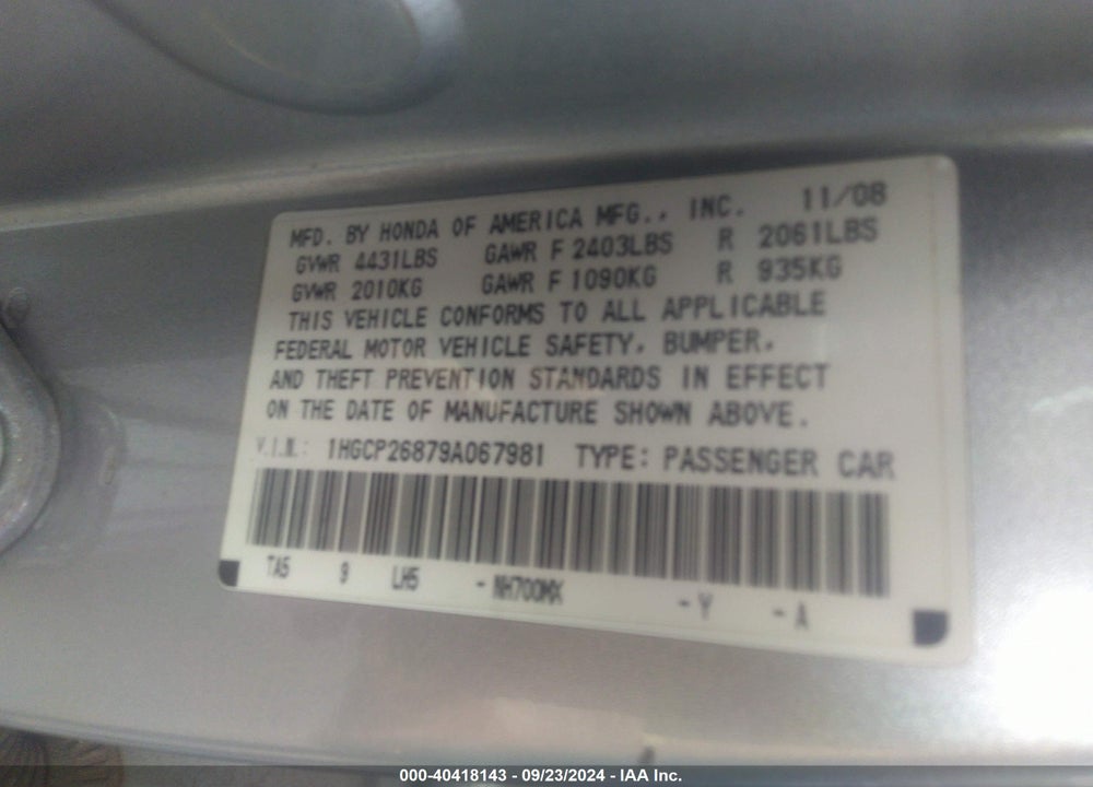 2009 HONDA ACCORD 2.4 EX-L VIN: 1HGCP26879A067981