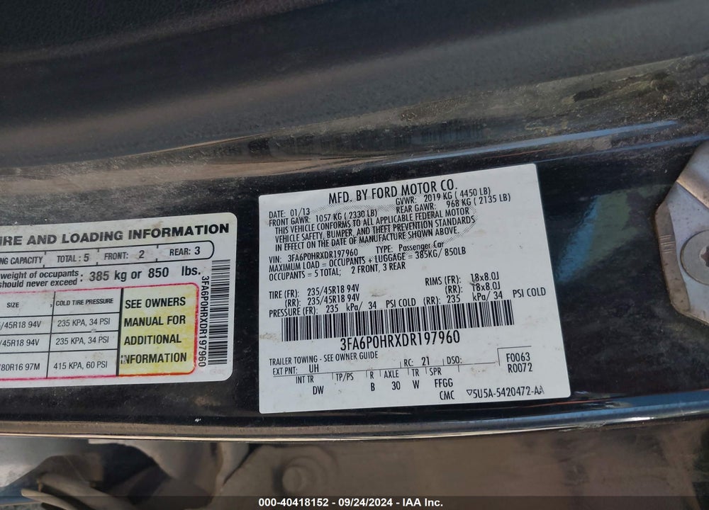 2013 FORD FUSION SE VIN: 3FA6P0HRXDR197960