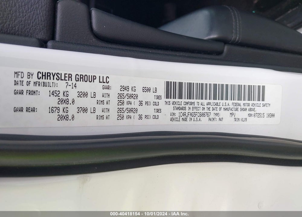 2015 JEEP GRAND CHEROKEE ALTITUDE VIN: 1C4RJFAG5FC608767