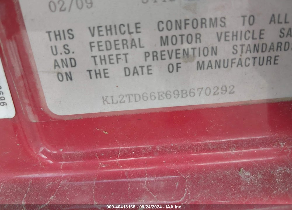 2009 PONTIAC G3 VIN: KL2TD66E69B670292