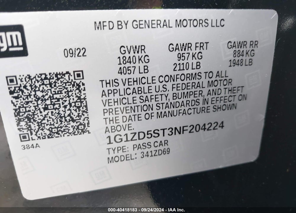 2022 CHEVROLET MALIBU FWD LT VIN: 1G1ZD5ST3NF204224