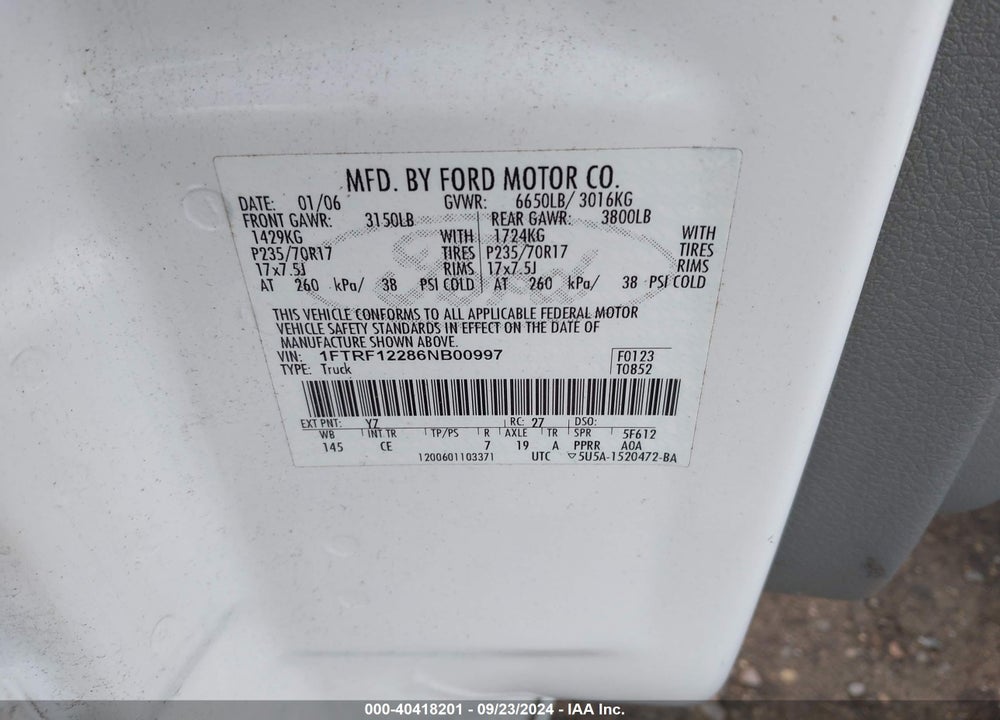 2006 FORD F-150 STX/XL/XLT VIN: 1FTRF12286NB00997