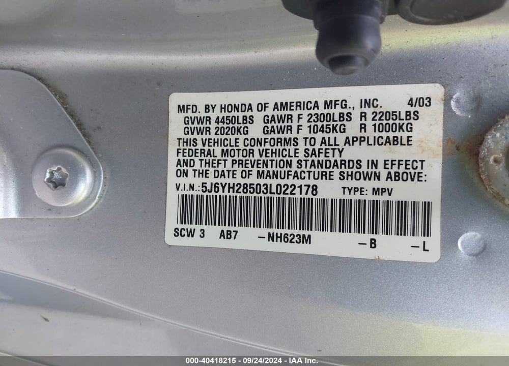 2003 HONDA ELEMENT EX VIN: 5J6YH28503L022178