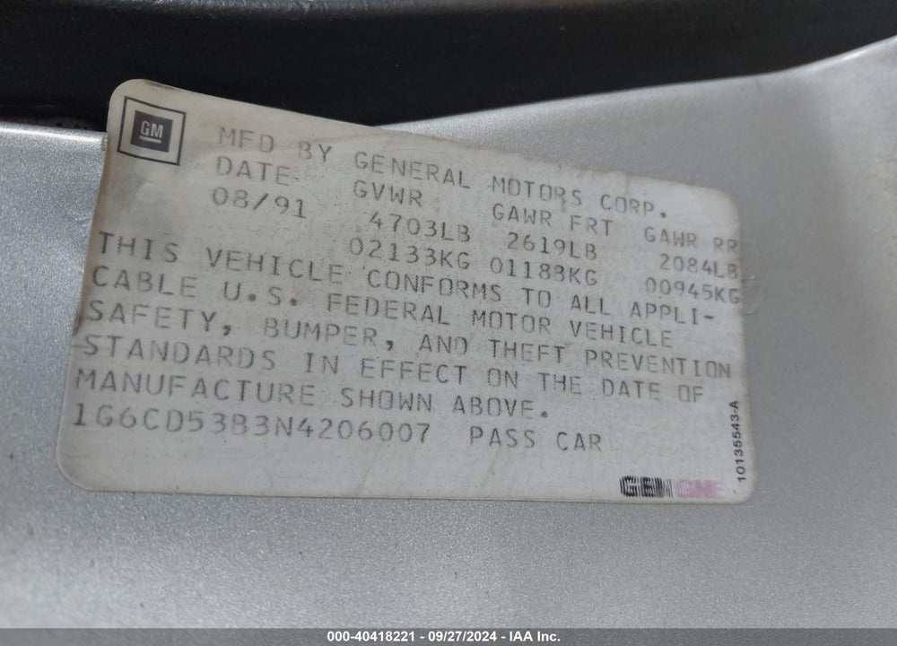 1992 CADILLAC DEVILLE VIN: 1G6CD53B3N4206007