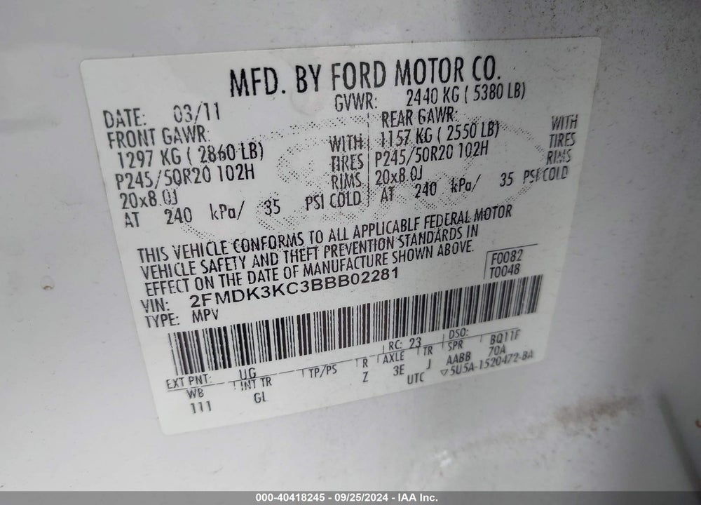2011 FORD EDGE LIMITED VIN: 2FMDK3KC3BBB02281