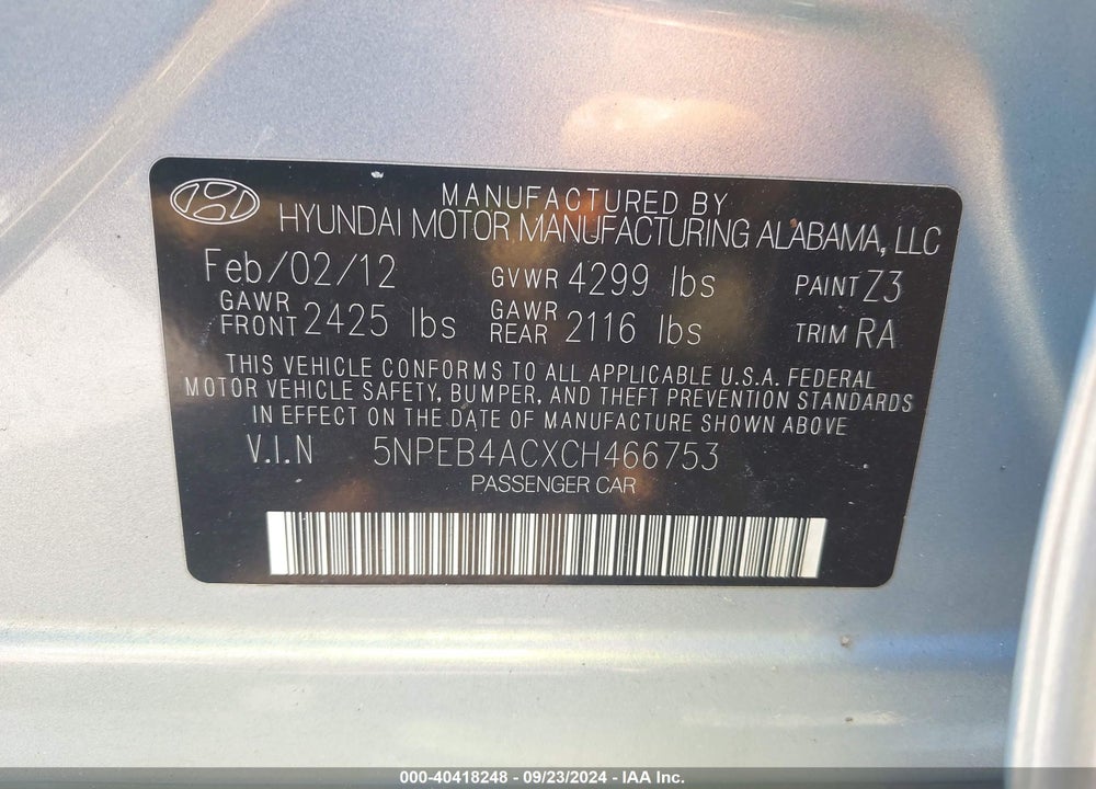 2012 HYUNDAI SONATA GLS VIN: 5NPEB4ACXCH466753