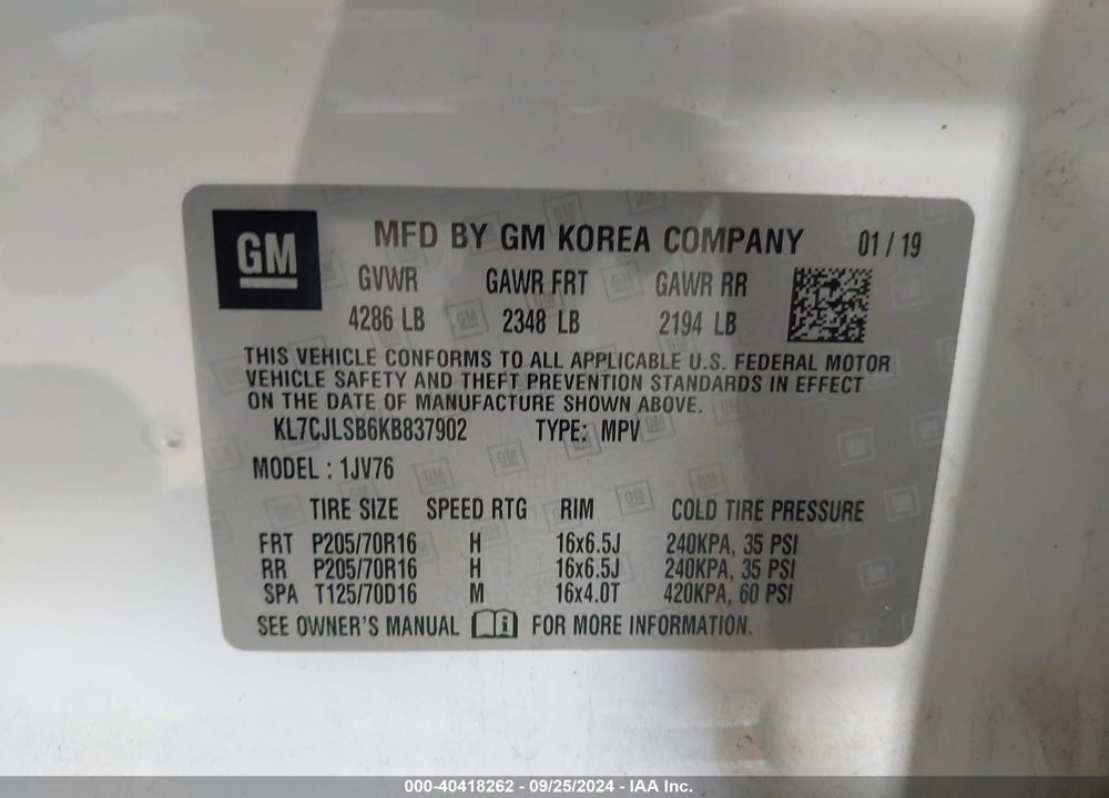 2019 CHEVROLET TRAX LT VIN: KL7CJLSB6KB837902