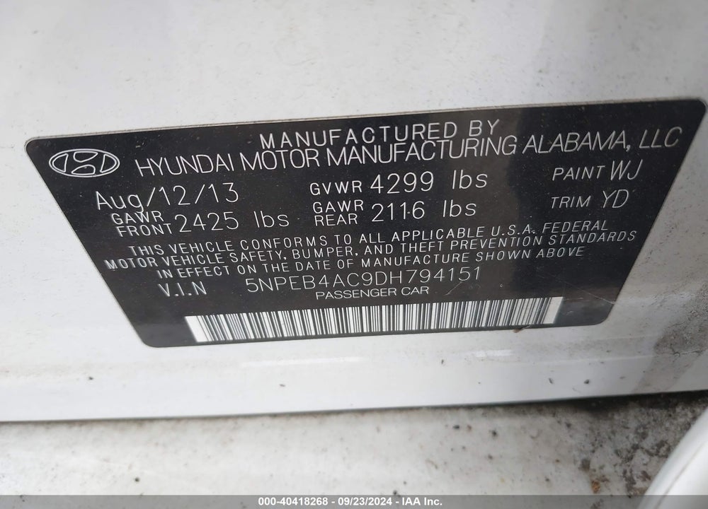 2013 HYUNDAI SONATA GLS VIN: 5NPEB4AC9DH794151
