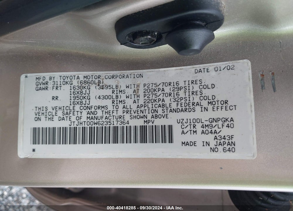 2002 LEXUS LX 470 VIN: JTJHT00W623517364