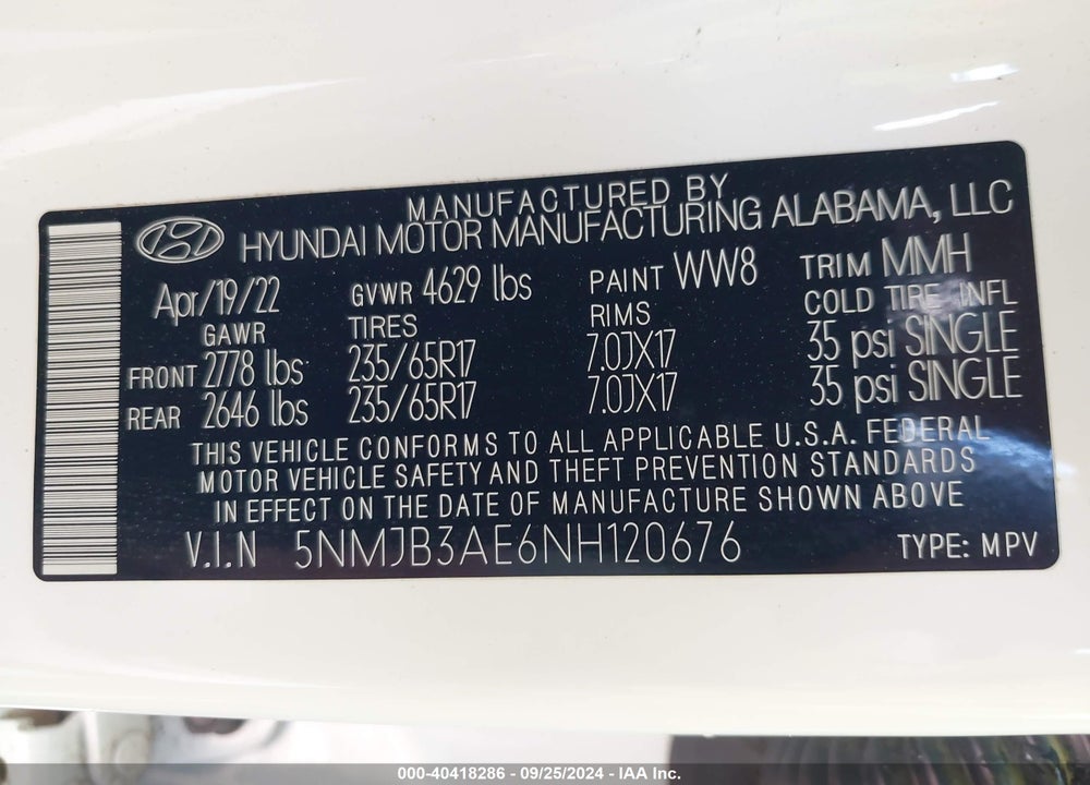 2022 HYUNDAI TUCSON SEL VIN: 5NMJB3AE6NH120676