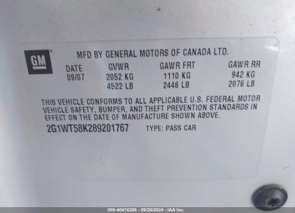2008 CHEVROLET IMPALA LT VIN: 2G1WT58K289201767