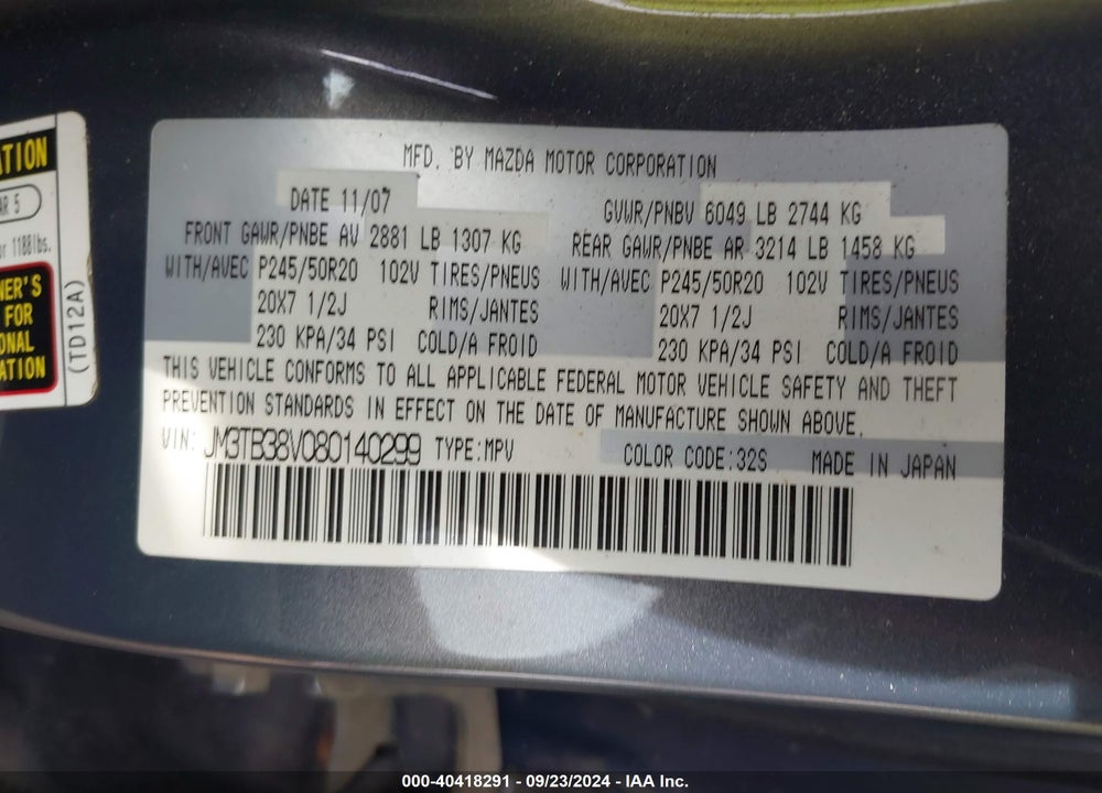 2008 MAZDA CX-9 GRAND TOURING VIN: JM3TB38V080140299