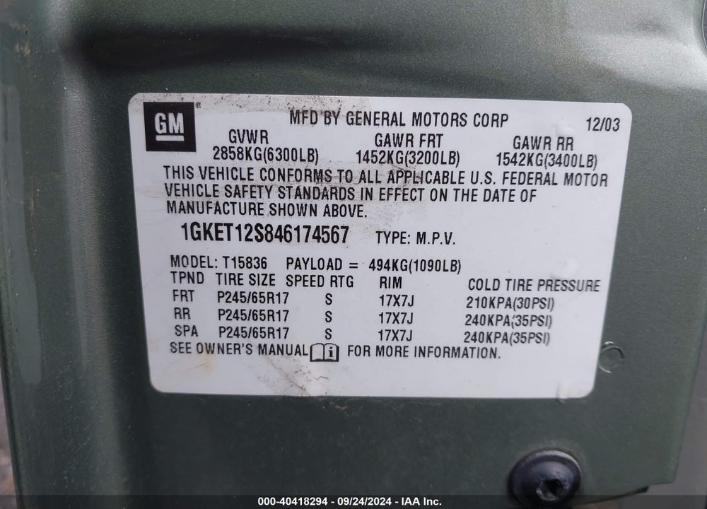 2004 GMC ENVOY XUV SLT VIN: 1GKET12S846174567