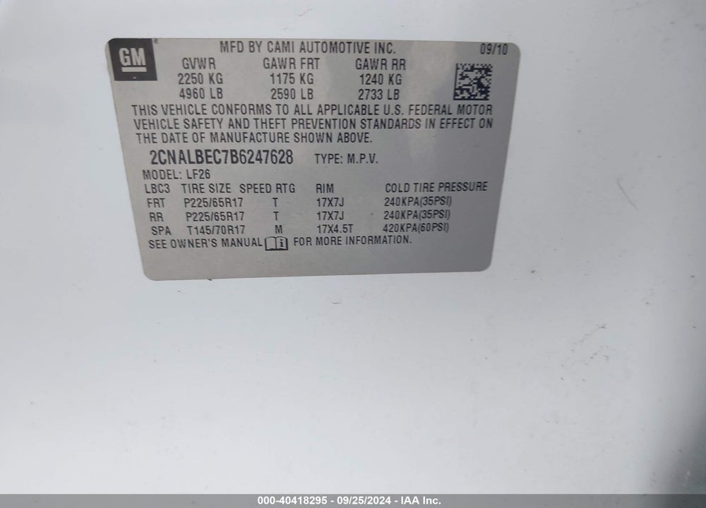 2011 CHEVROLET EQUINOX LS VIN: 2CNALBEC7B6247628
