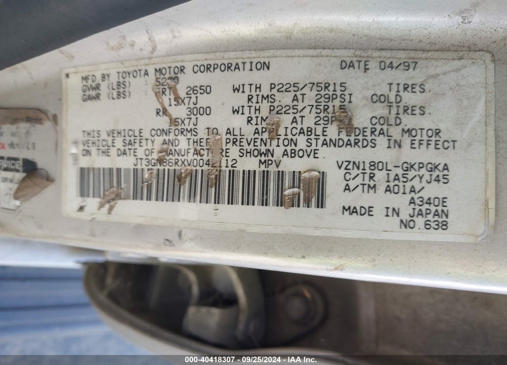 1997 TOYOTA 4RUNNER SR5 V6 VIN: JT3GN86RXV0042112