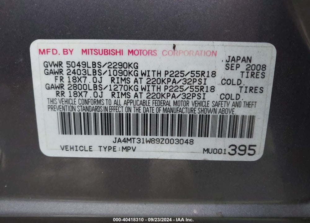 2009 MITSUBISHI OUTLANDER SE VIN: JA4MT31W89Z003048