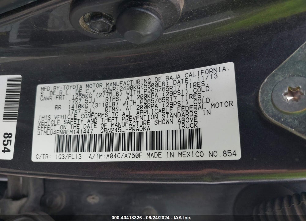 2014 TOYOTA TACOMA VIN: 3TMLU4EN8EM141447