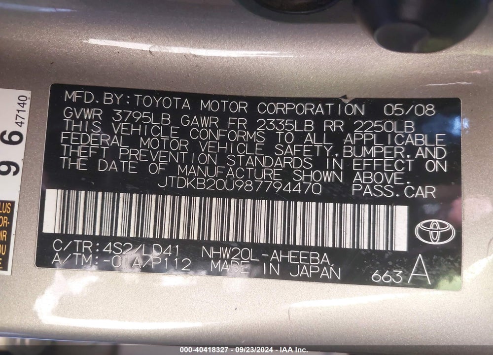 2008 TOYOTA PRIUS TOURING VIN: JTDKB20U987794470