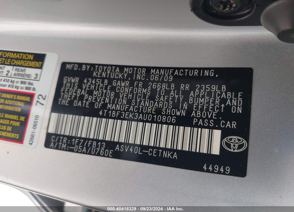 2010 TOYOTA CAMRY LE VIN: 4T1BF3EK3AU010806