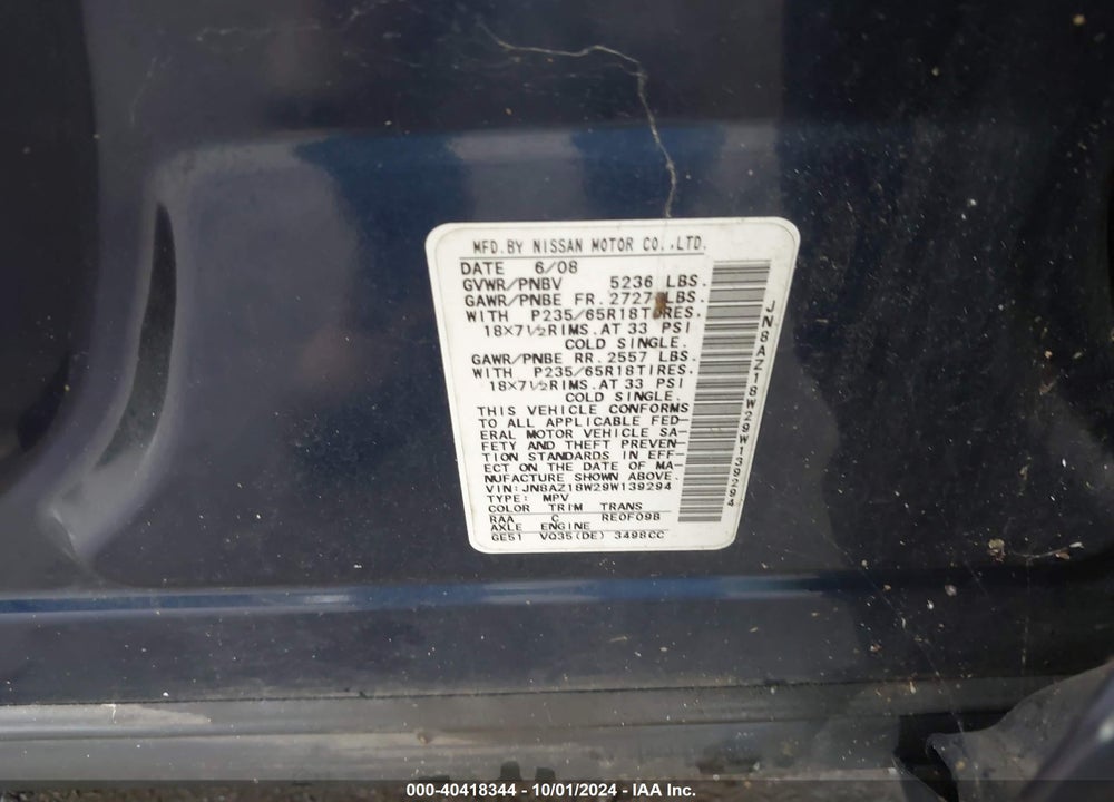 2009 NISSAN MURANO SL VIN: JN8AZ18W29W139294