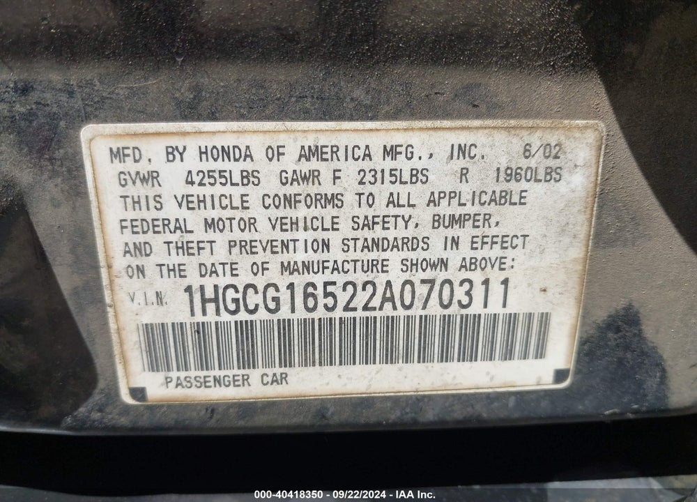 2002 HONDA ACCORD 3.0 EX VIN: 1HGCG16522A070311