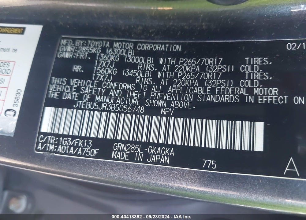 2011 TOYOTA 4RUNNER LIMITED V6/SR5 V6/TRAIL V6 VIN: JTEBU5JR3B5056748