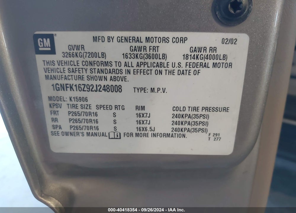 2002 CHEVROLET SUBURBAN 1500 LT VIN: 1GNFK16Z92J248008