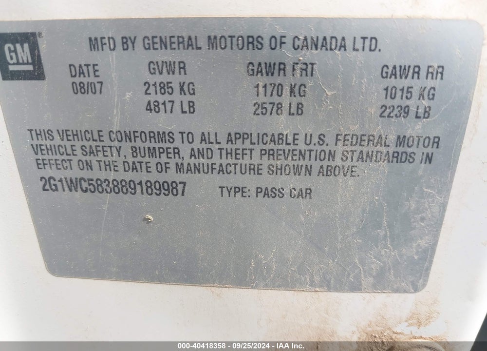 2008 CHEVROLET IMPALA LT VIN: 2G1WC583889189987