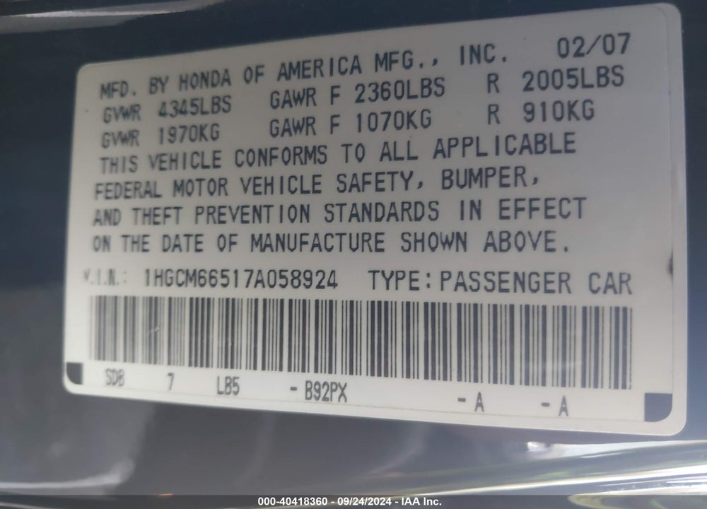 2007 HONDA ACCORD 3.0 EX VIN: 1HGCM66517A058924