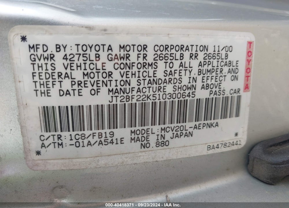2001 TOYOTA CAMRY LE V6 VIN: JT2BF22K510300645