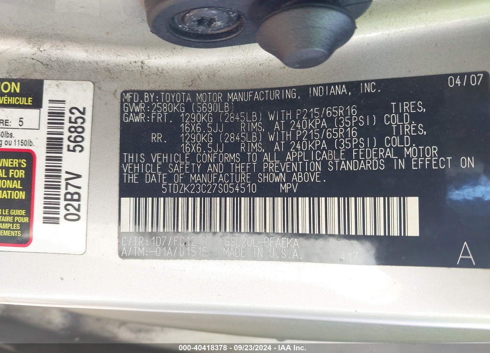 2007 TOYOTA SIENNA LE VIN: 5TDZK23C27S054510